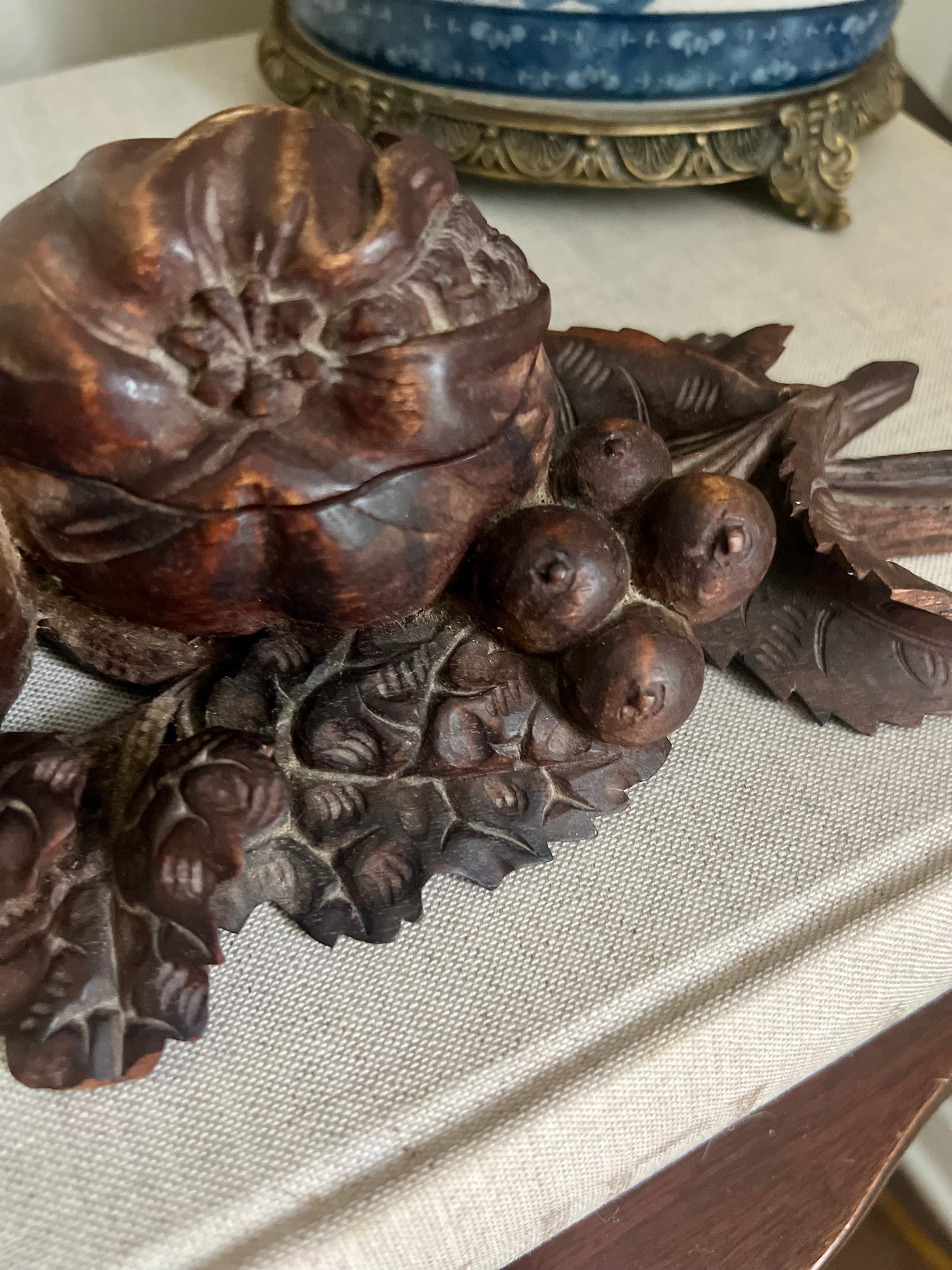 Carved Pear and Pomegranate Wooden Inkwell