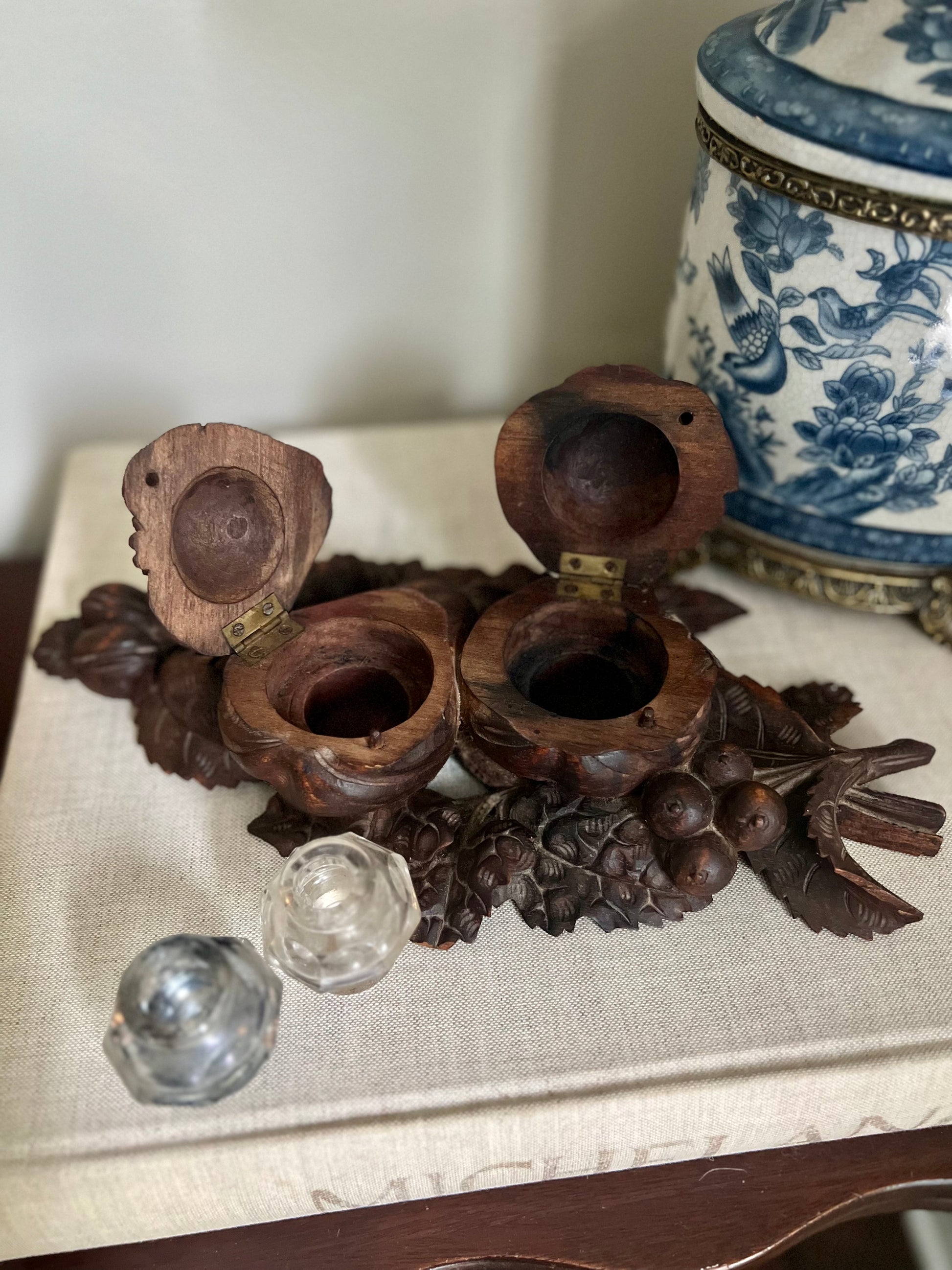 Carved Pear and Pomegranate Wooden Inkwell