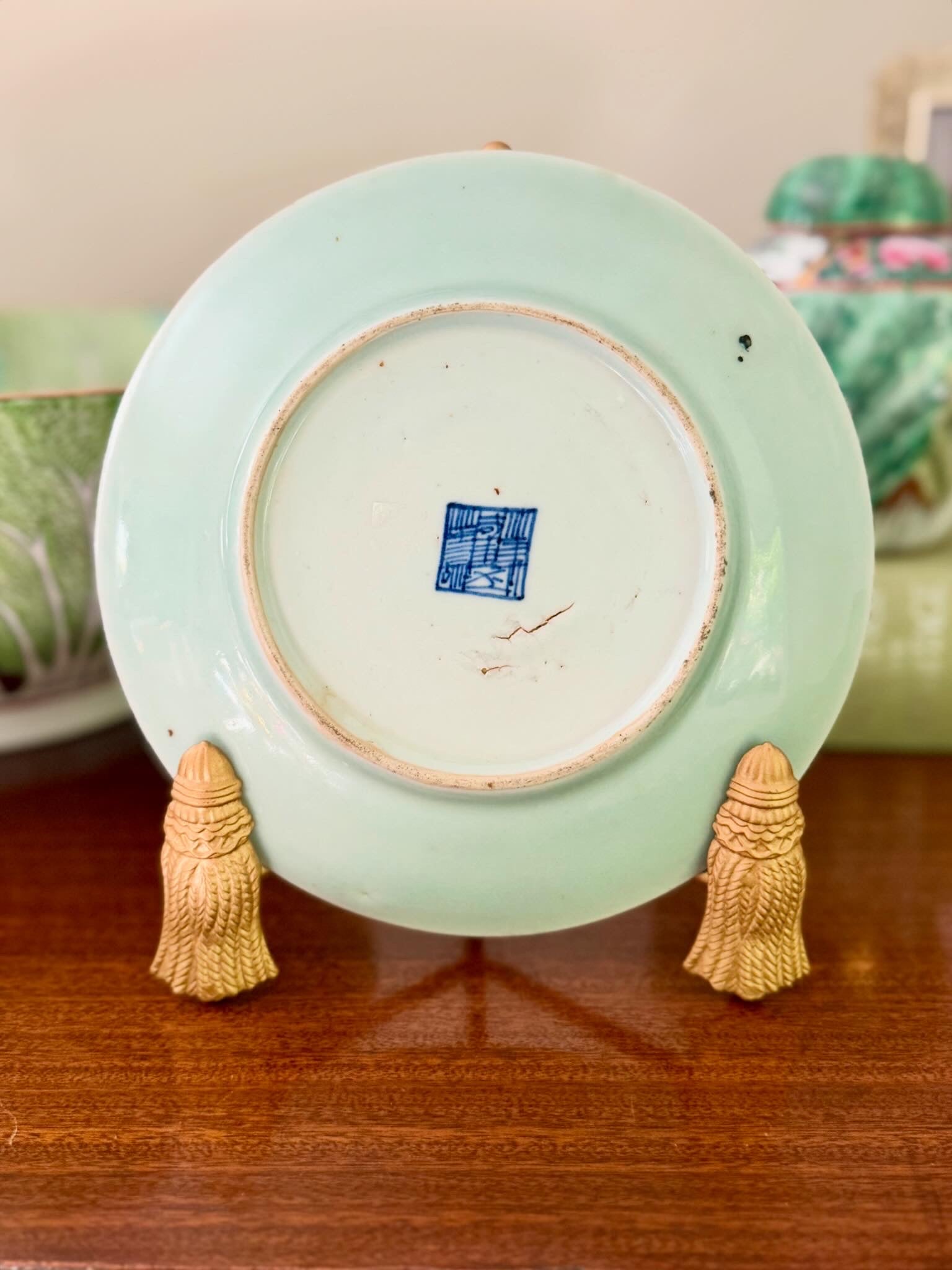 Antique Celadon Famille Rose Plate