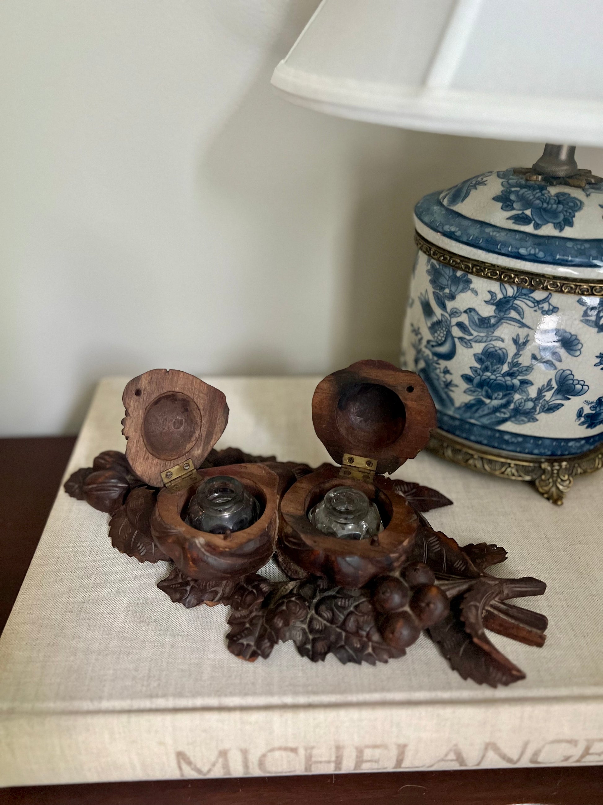 Carved Pear and Pomegranate Wooden Inkwell