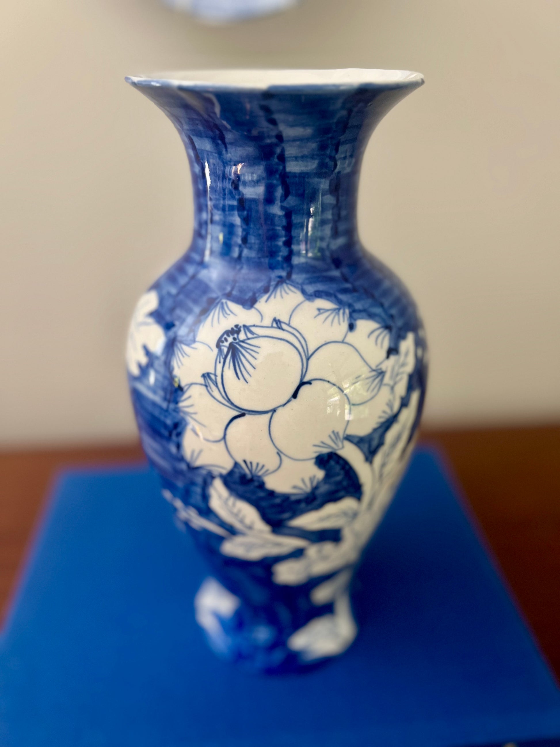 Hand Painted Blue and White 12.25” Chinoiserie Vase