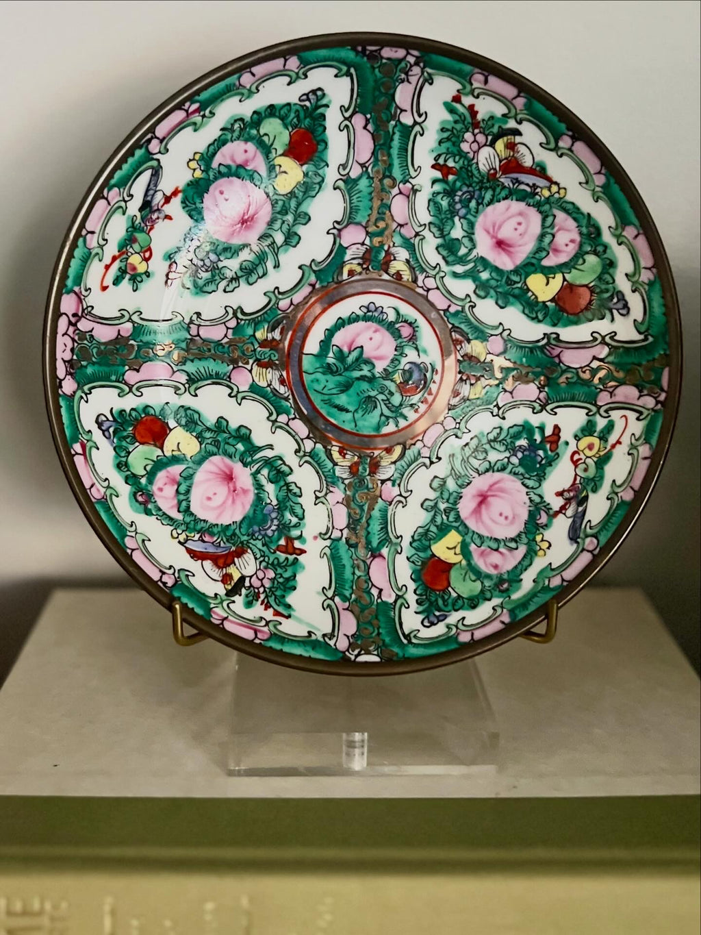 Brass Encased Vintage Rose Canton Shallow Bowl