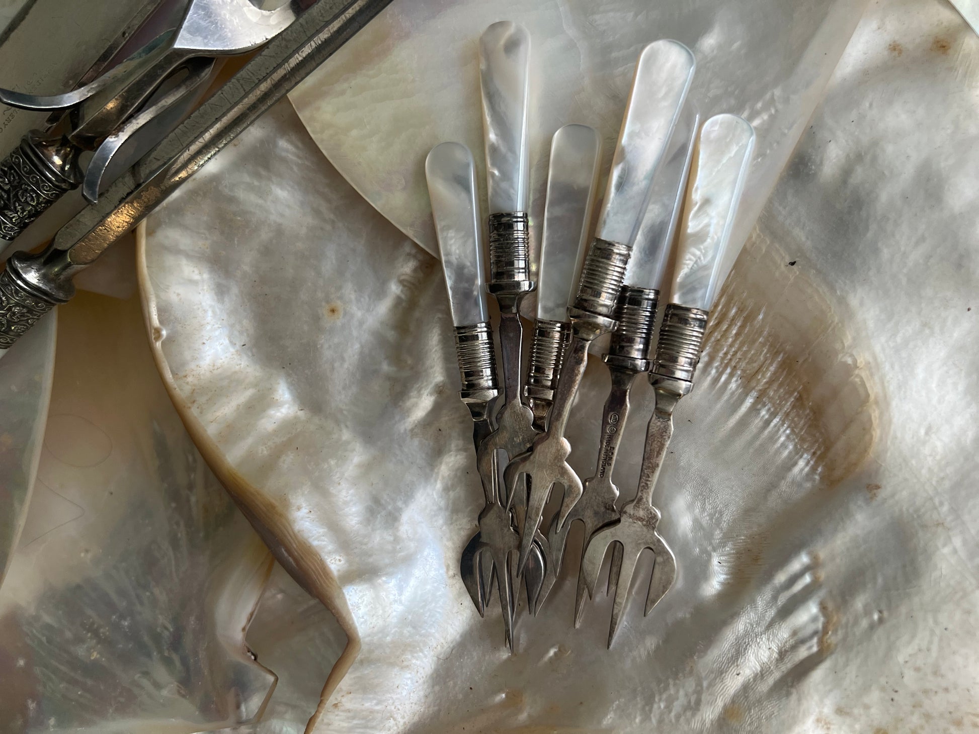 Set of Six Antique Mother of Pearl Pickle Forks