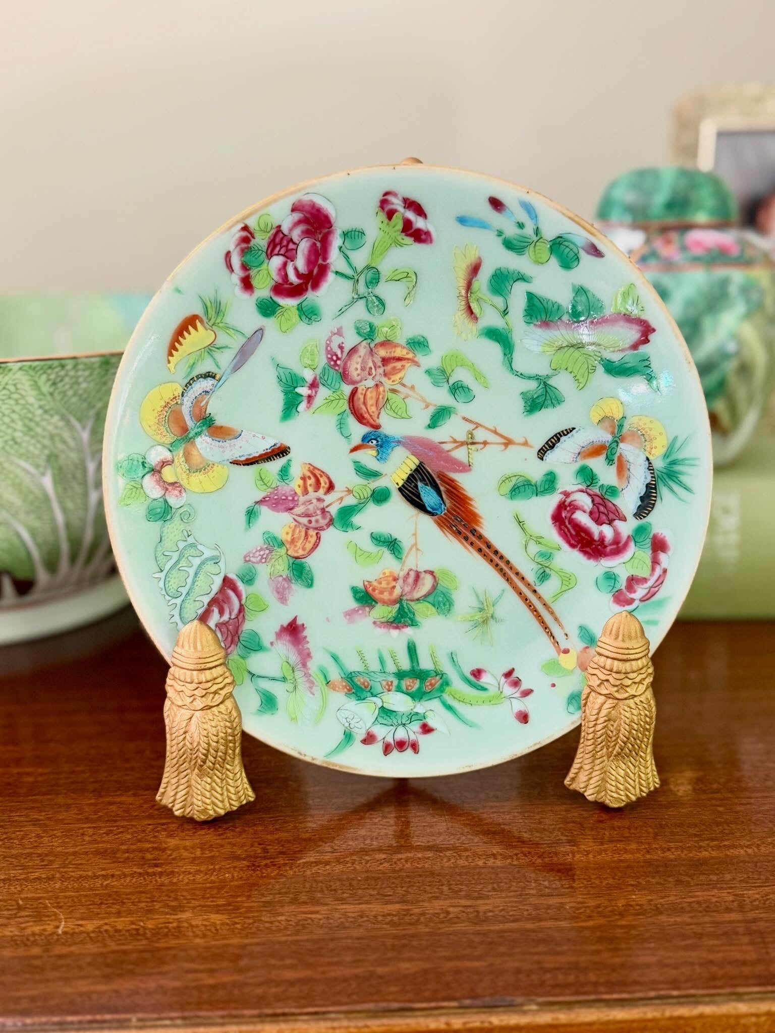 Antique Celadon Famille Rose Plate