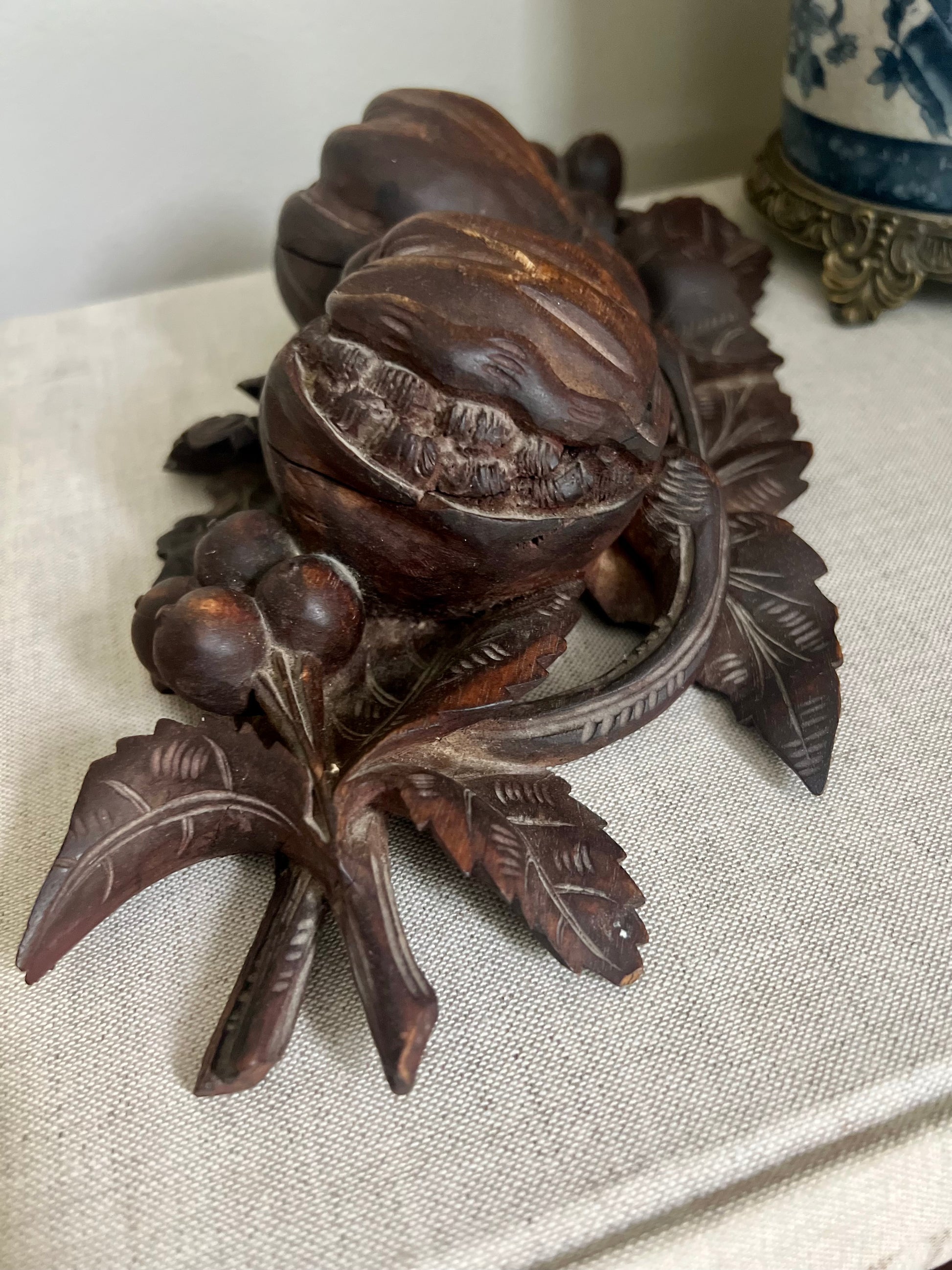 Carved Pear and Pomegranate Wooden Inkwell