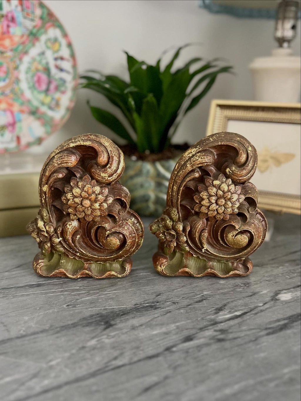 Syroco Floral and Gold Gilt Bookends