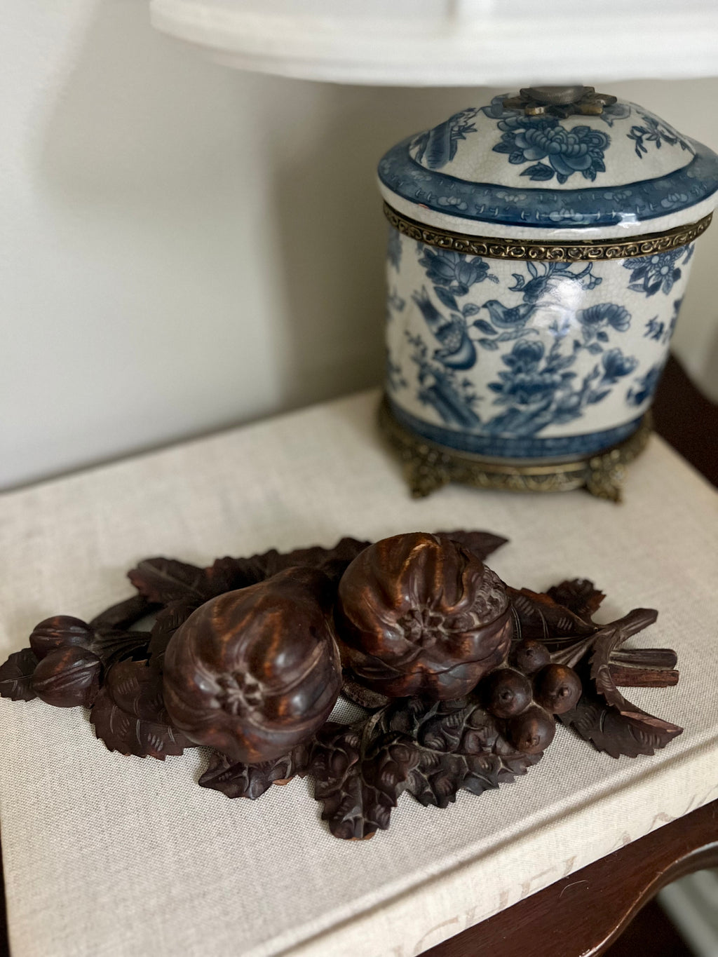 Carved Pear and Pomegranate Wooden Inkwell