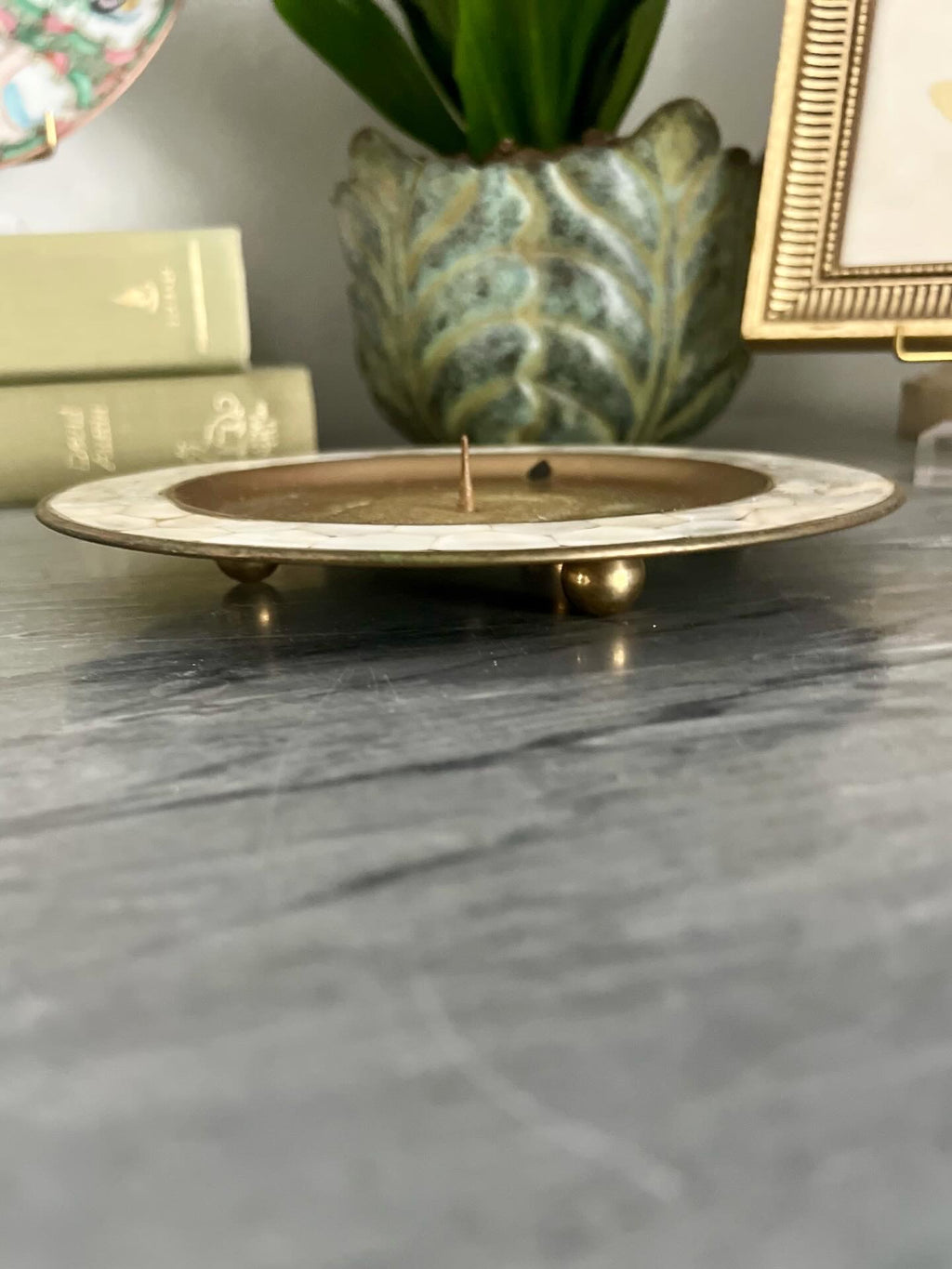 Brass and Mother of Pearl Pillar Candle Holder