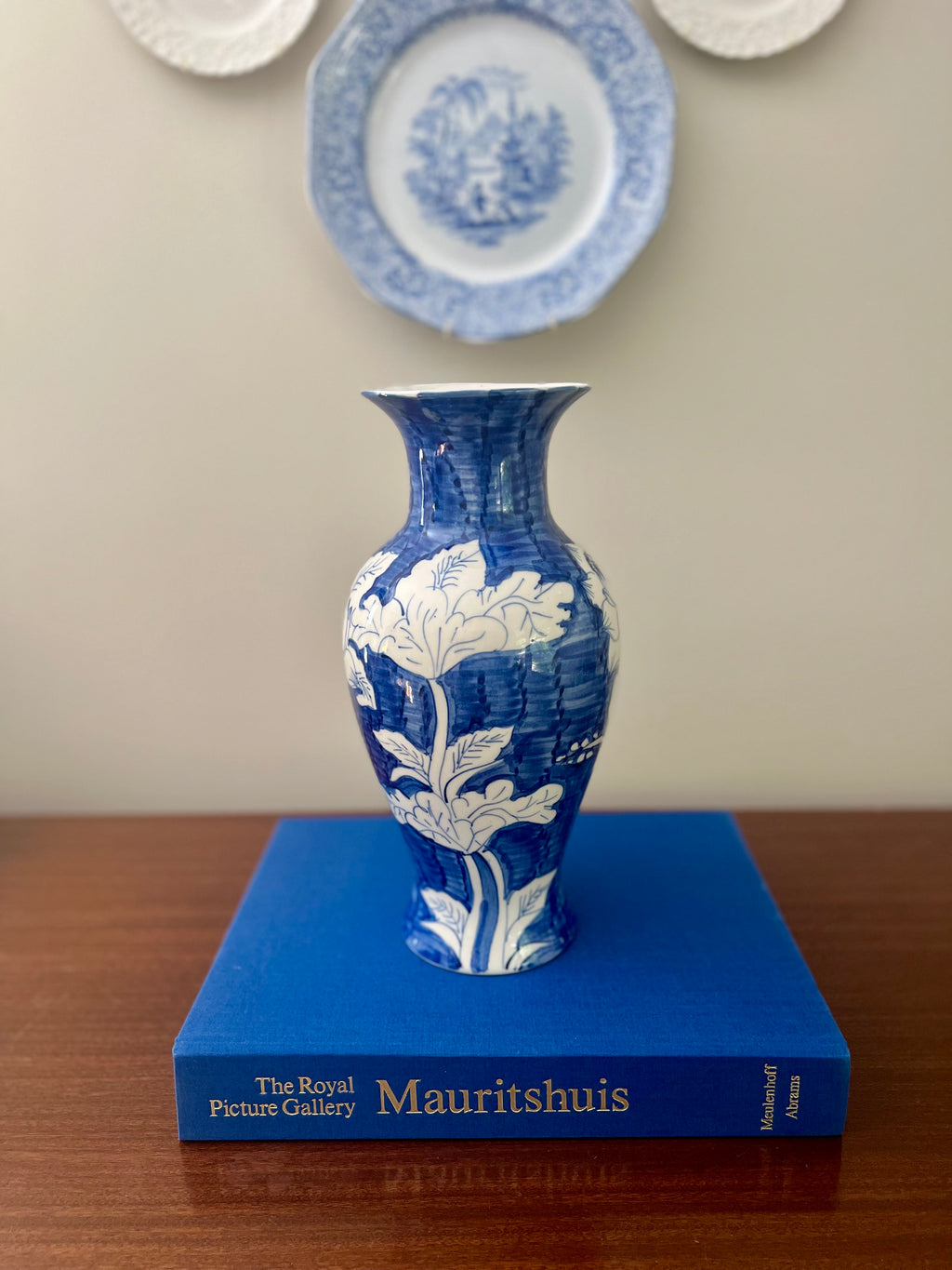 Hand Painted Blue and White 12.25” Chinoiserie Vase