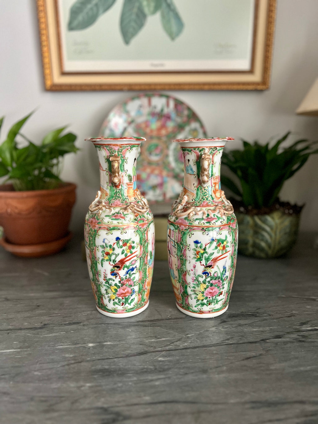 Pair of Antique Rose Medallion Vases