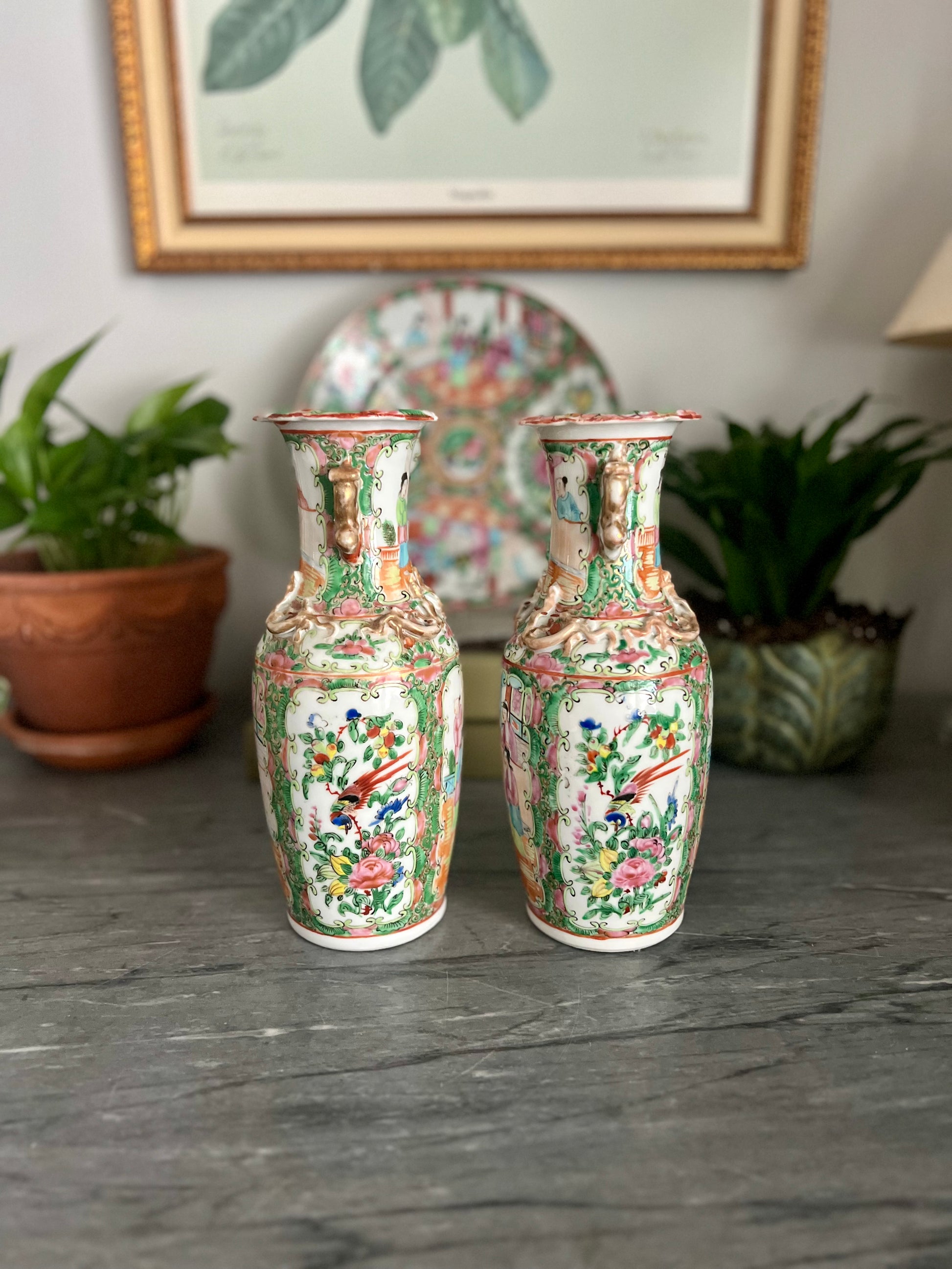 Pair of Antique Rose Medallion Vases