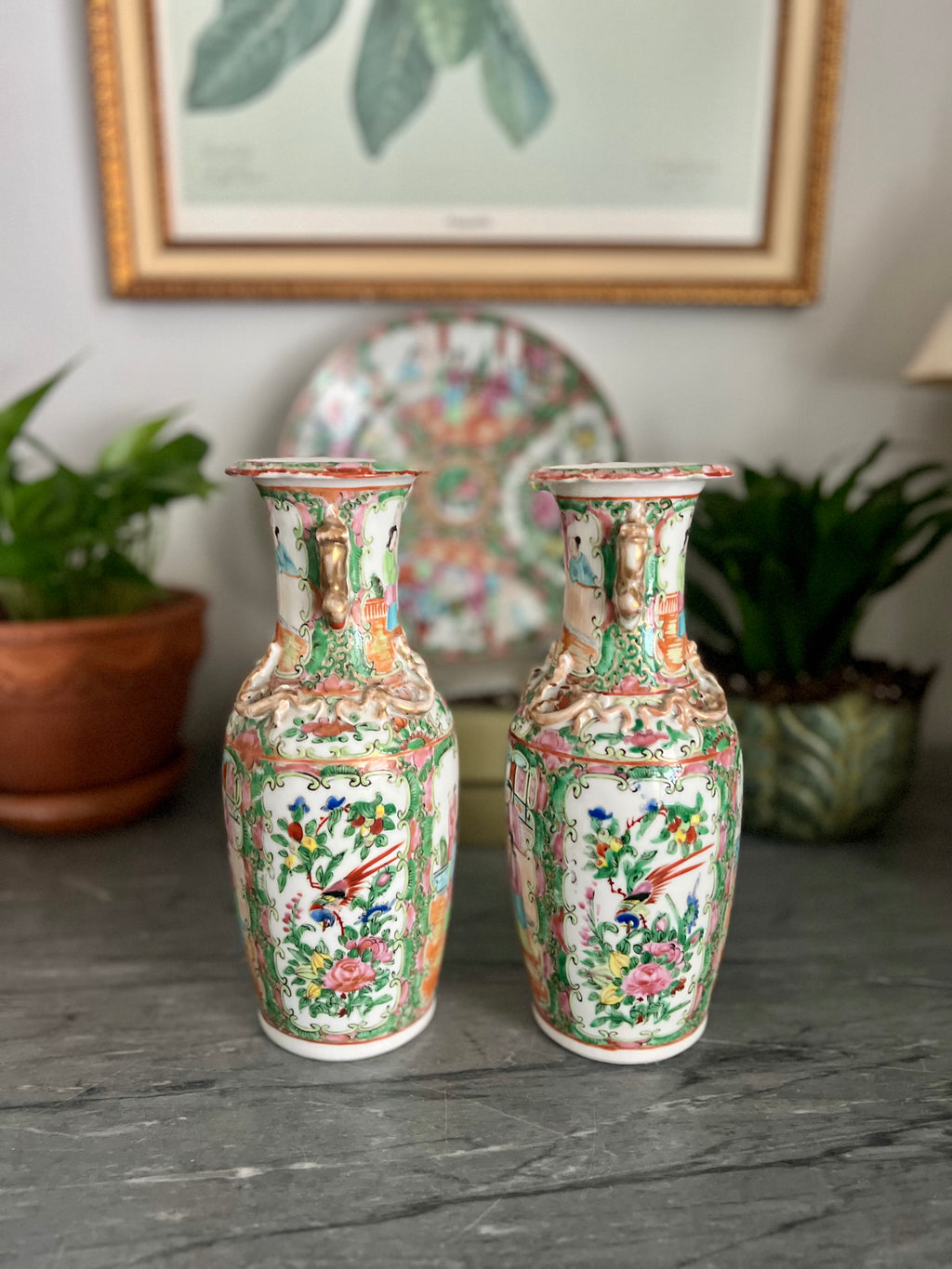 Pair of Antique Rose Medallion Vases