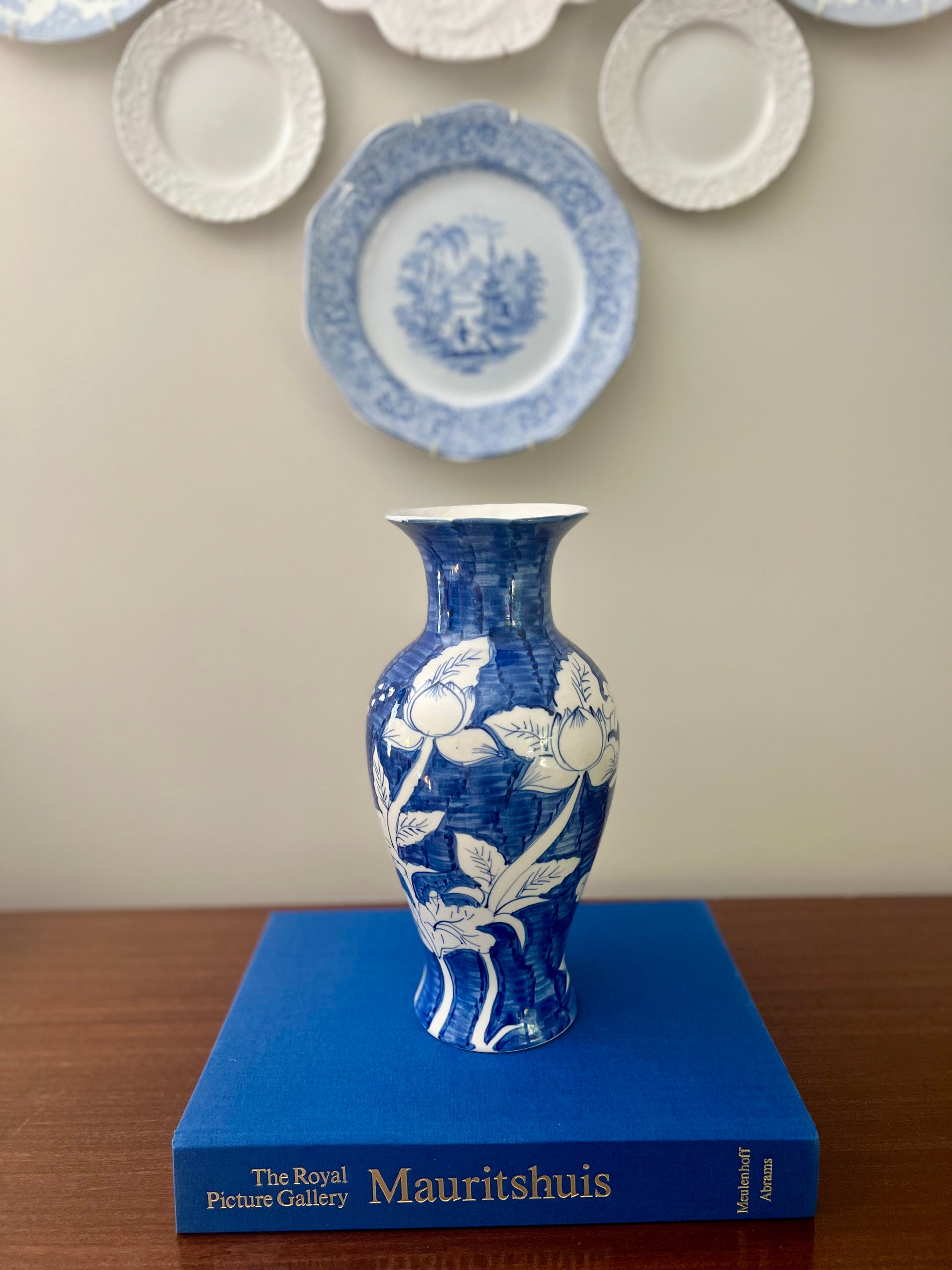Hand Painted Blue and White 12.25” Chinoiserie Vase