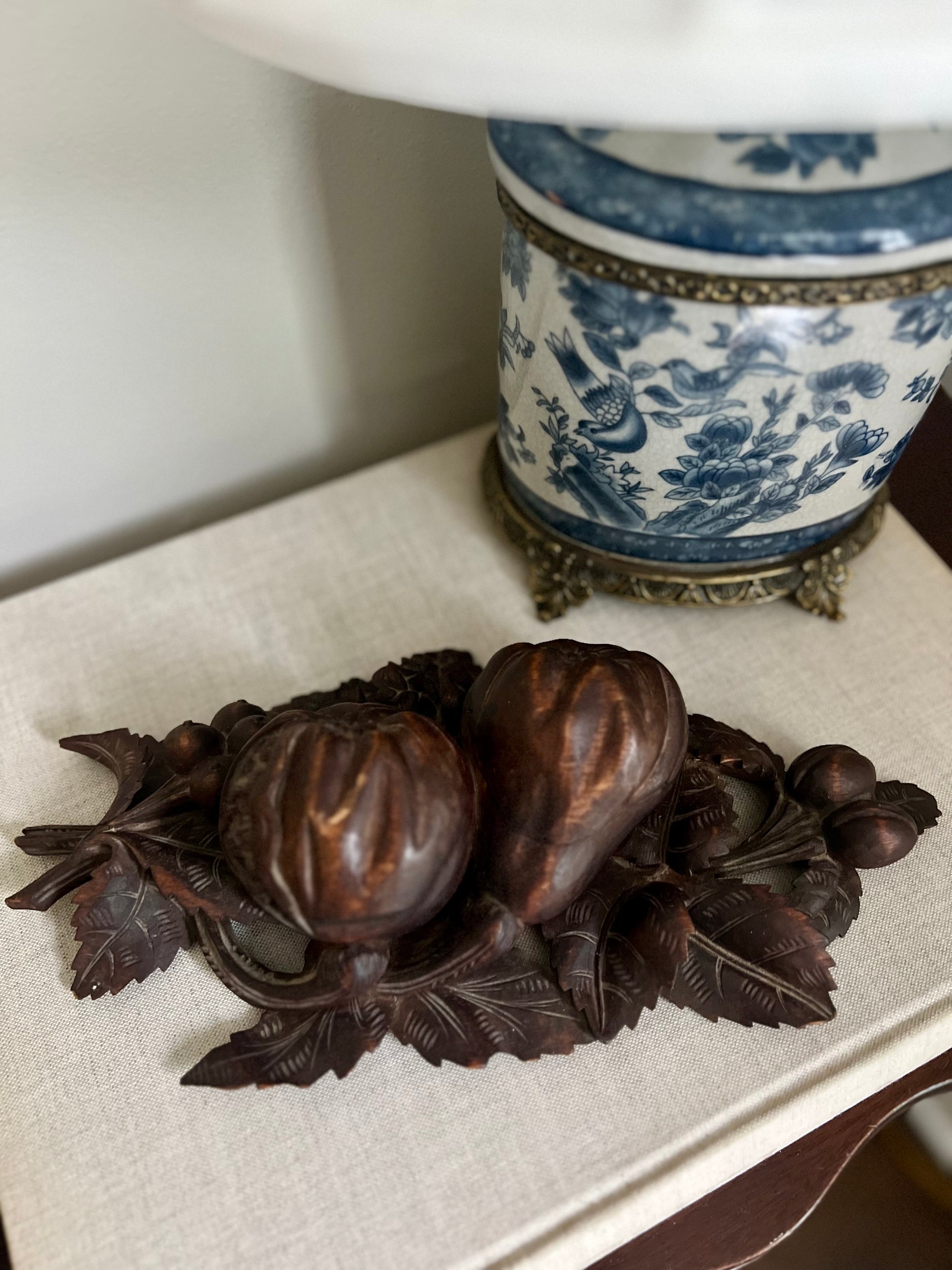 Carved Pear and Pomegranate Wooden Inkwell