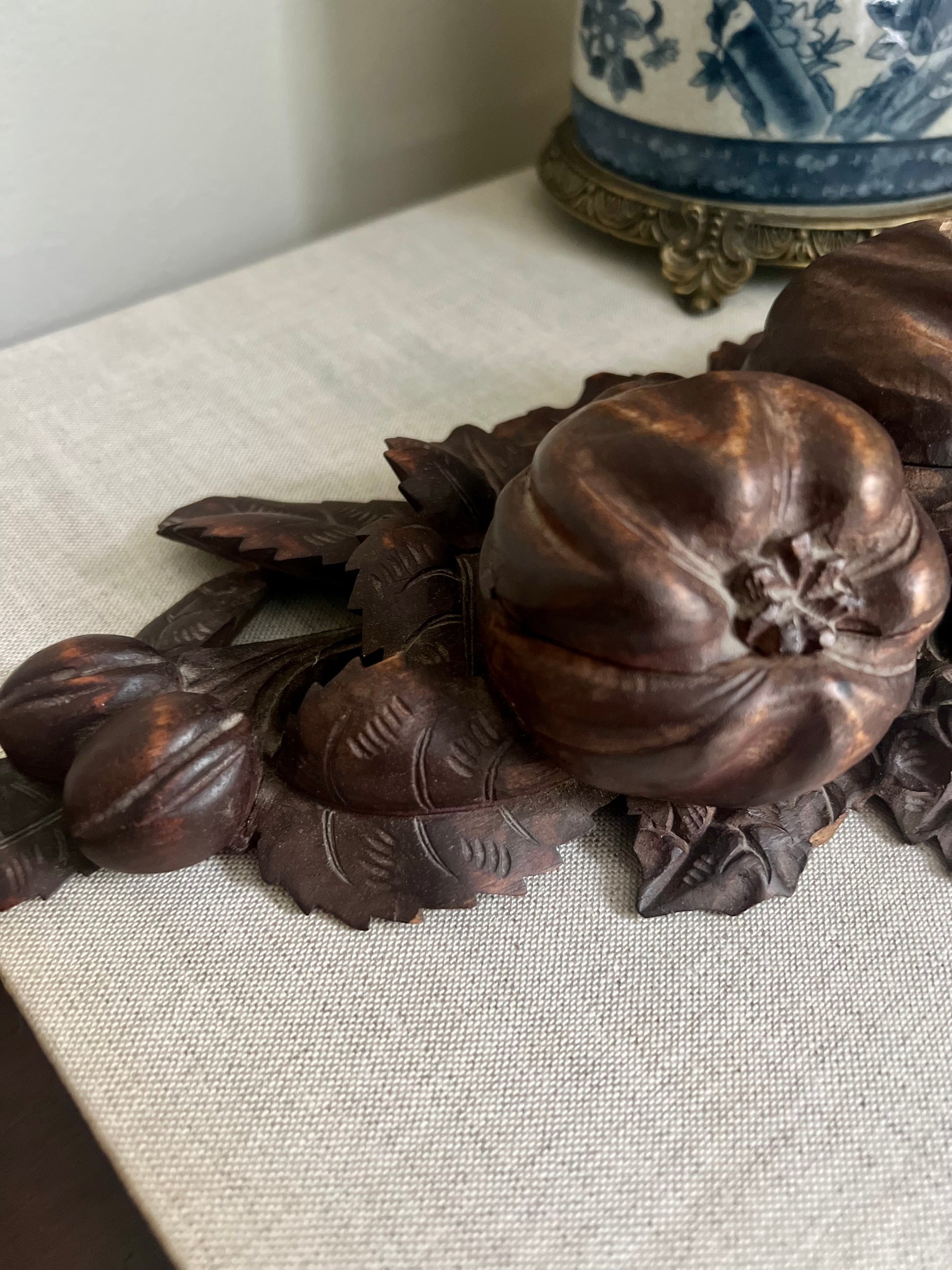 Carved Pear and Pomegranate Wooden Inkwell