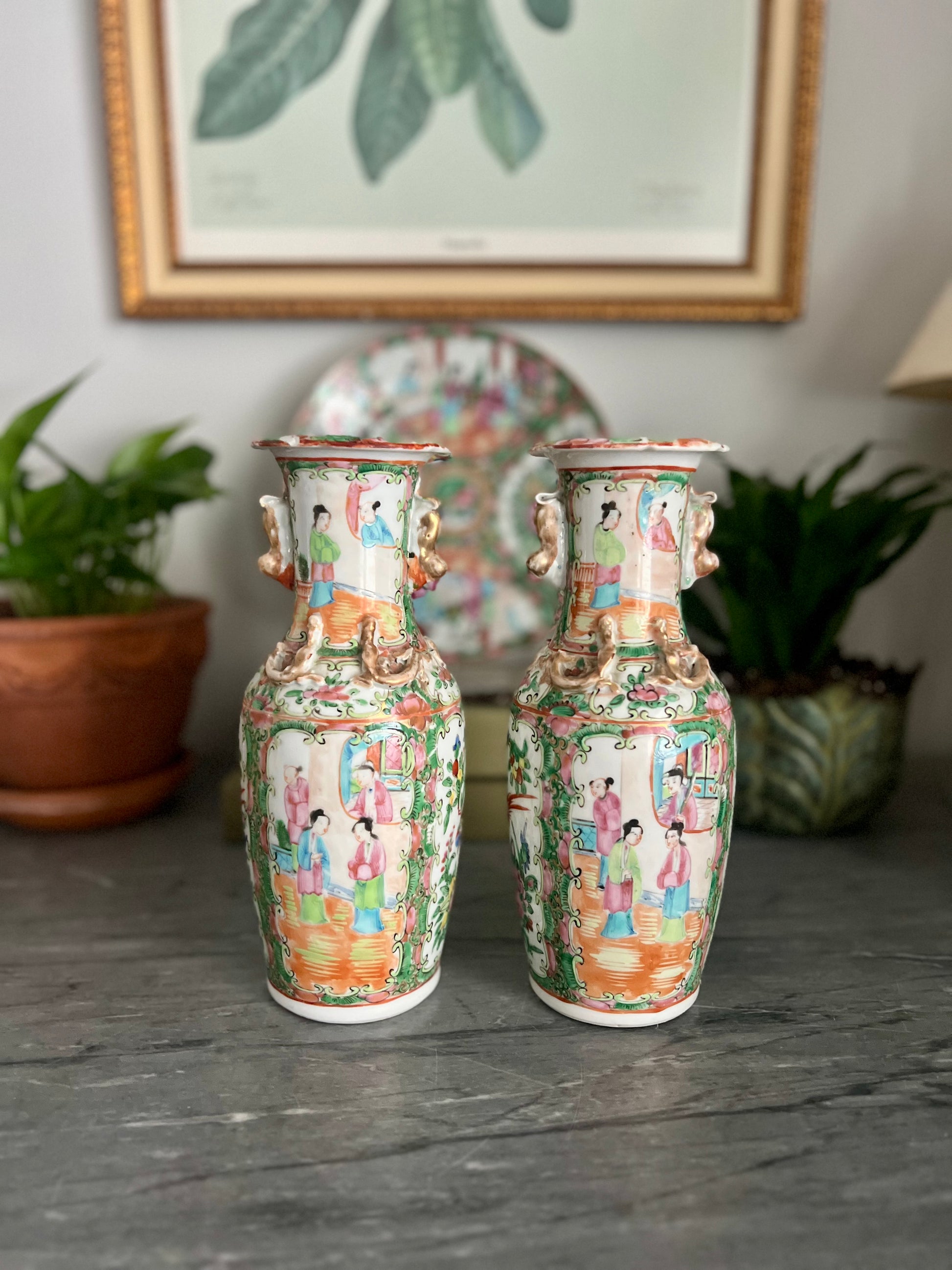 Pair of Antique Rose Medallion Vases