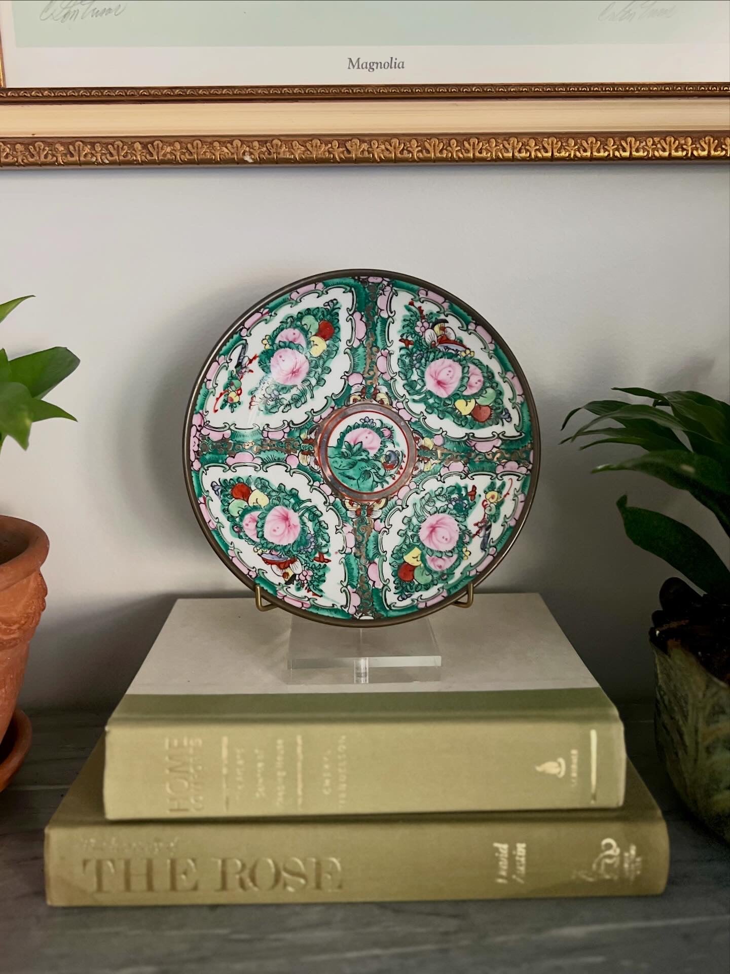 Brass Encased Vintage Rose Canton Shallow Bowl