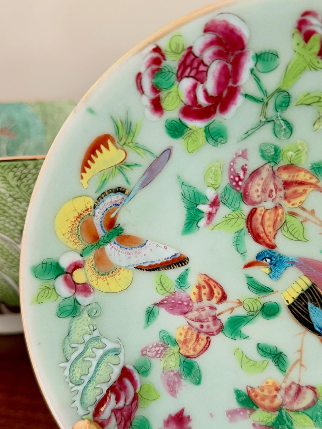 Antique Celadon Famille Rose Plate