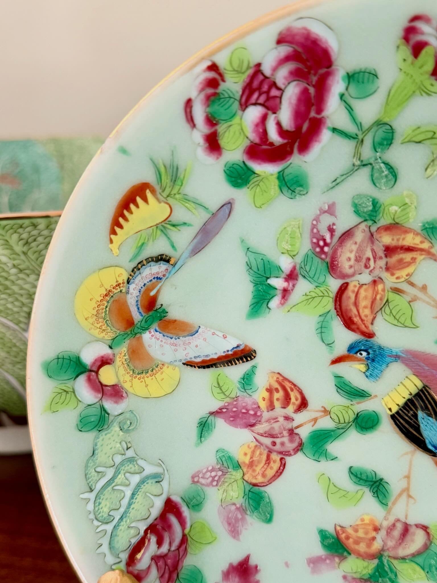 Antique Celadon Famille Rose Plate