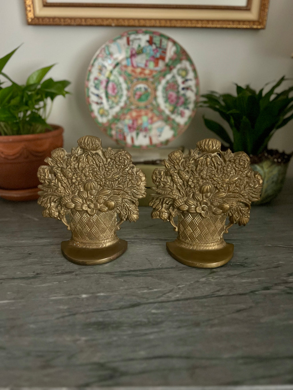 Heavy Brass Floral Bookends