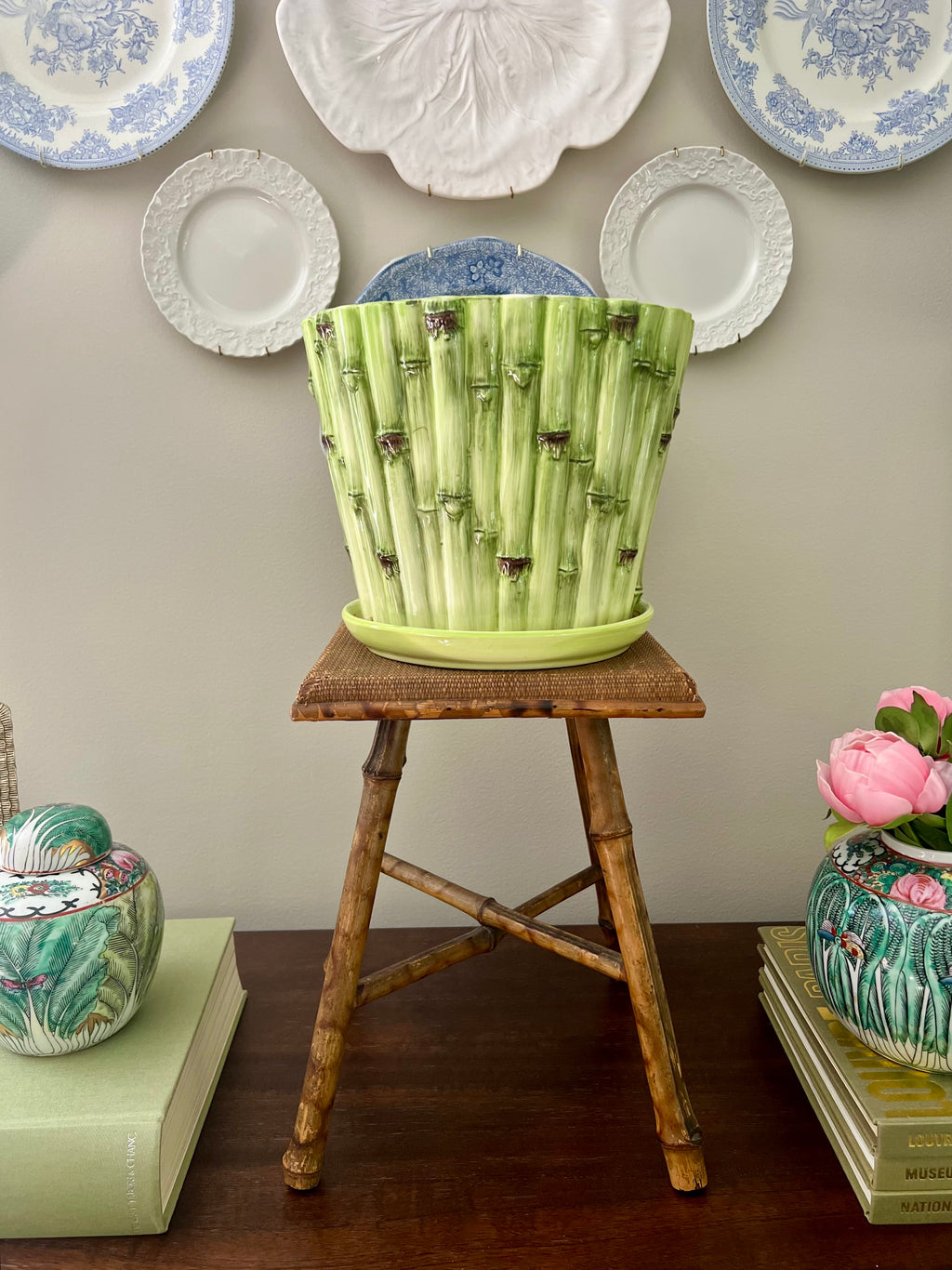 Vintage Bamboo Planter and Underplate