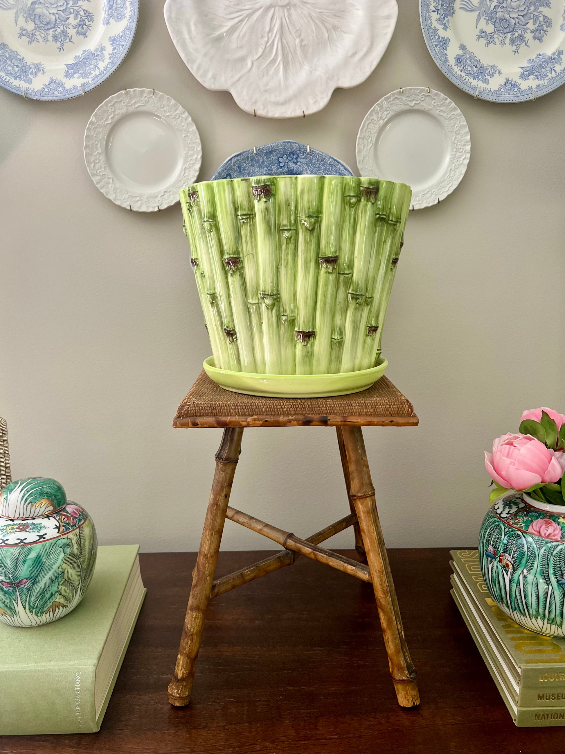 Vintage Bamboo Planter and Underplate